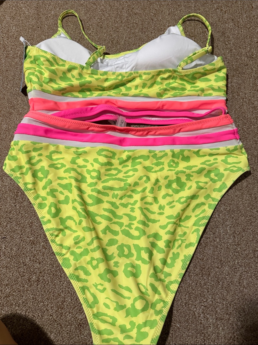Neon Lime Animal-Print Bikini with Pink Stripe Accents - Picture 3 of 5